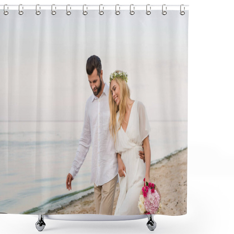 Personality  Handsome Groom Hugging Beautiful Bride With Wedding Bouquet And They Walking On Beach Shower Curtains