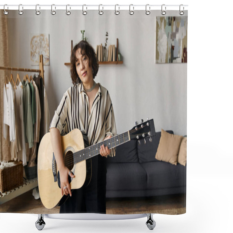 Personality  A Young Woman With Curly Hair Plays Guitar In Her Bright, Chic Apartment. Shower Curtains