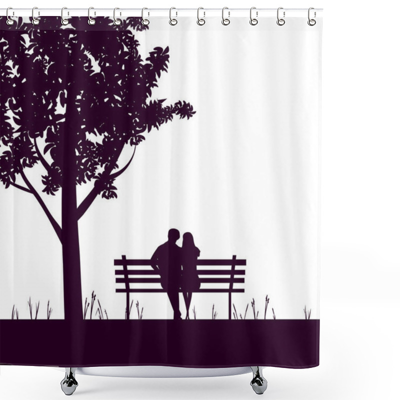 Personality  Couple Lovers On Bench In Park, Under Tree. Vector Illustration Silhouette Shower Curtains