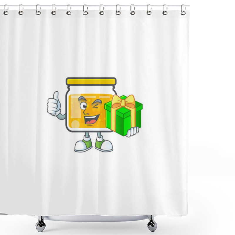 Personality  Jam With Mascot Holding Gift On White Background Shower Curtains