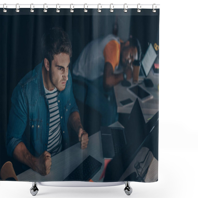 Personality  Irritated Programmer Gesturing While Working At Night In Office Near African American Colleague Sleeping At Workplace Shower Curtains