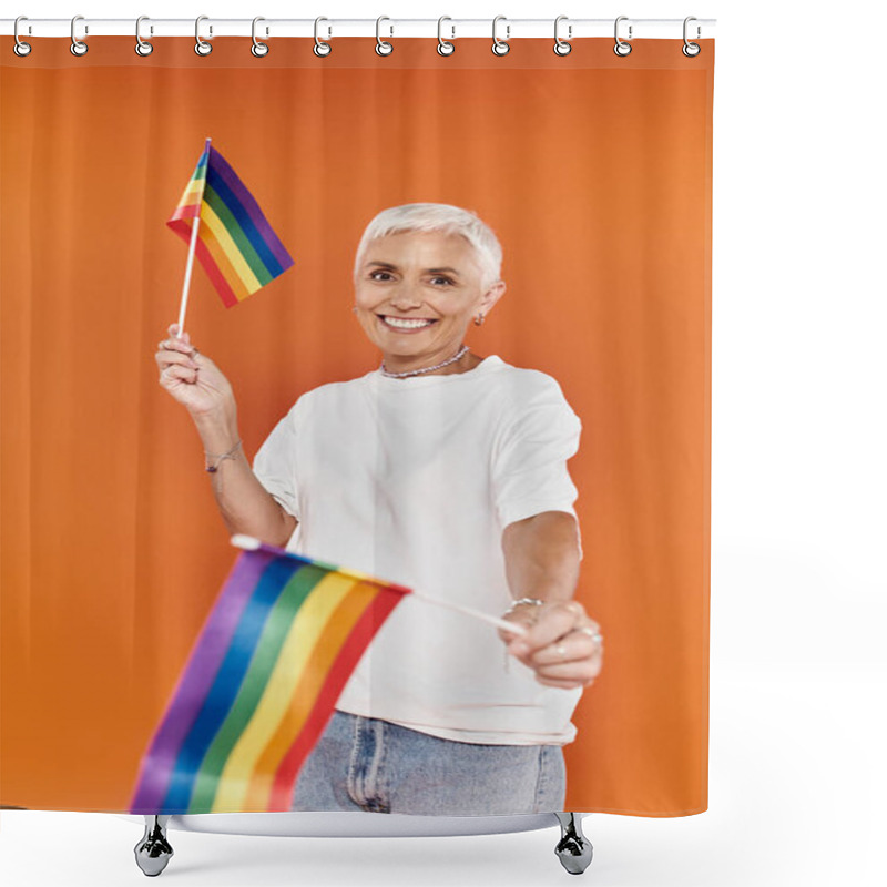 Personality  A Mature Woman Joyfully Waves Rainbow Flags, Embodying Pride And Happiness. Shower Curtains