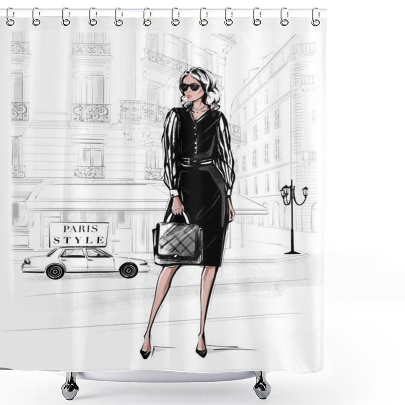 Personality  Hand Drawn Beautiful Young Woman In Black Dress. Fashion Woman With Bag. Girl In Black Shoes With Paris Street Background. Sketch. Fashion Illustration. Shower Curtains