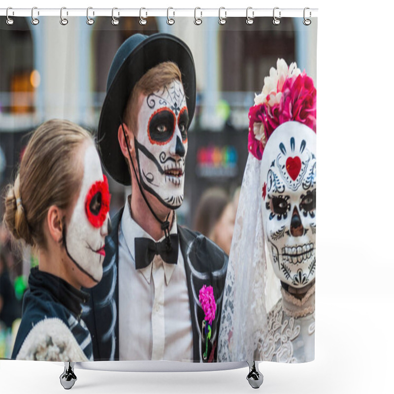 Personality  MOSCOW, RUSSIA - June 29, 2018: The 2018 FIFA World Cup. A National House For Mexican Fans In Gostiny Dvor. Celebration Of The Day Of The Dead. Young People Disguised As Skeletons Shower Curtains