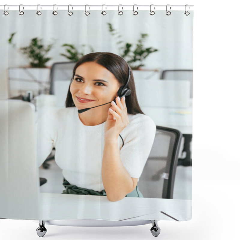 Personality  Selective Focus Of Cheerful Broker Touching Headset While Working In Call Center  Shower Curtains