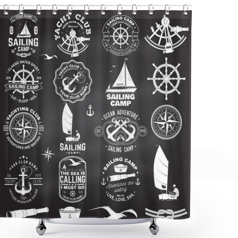 Personality  Set Of Sailing Camp And Yacht Club Badge. Vector. Concept For Shirt, Print Or Tee. Vintage Typography Design With Black Sea Anchors, Hand Wheel, Compass And Sextant Silhouette. Shower Curtains