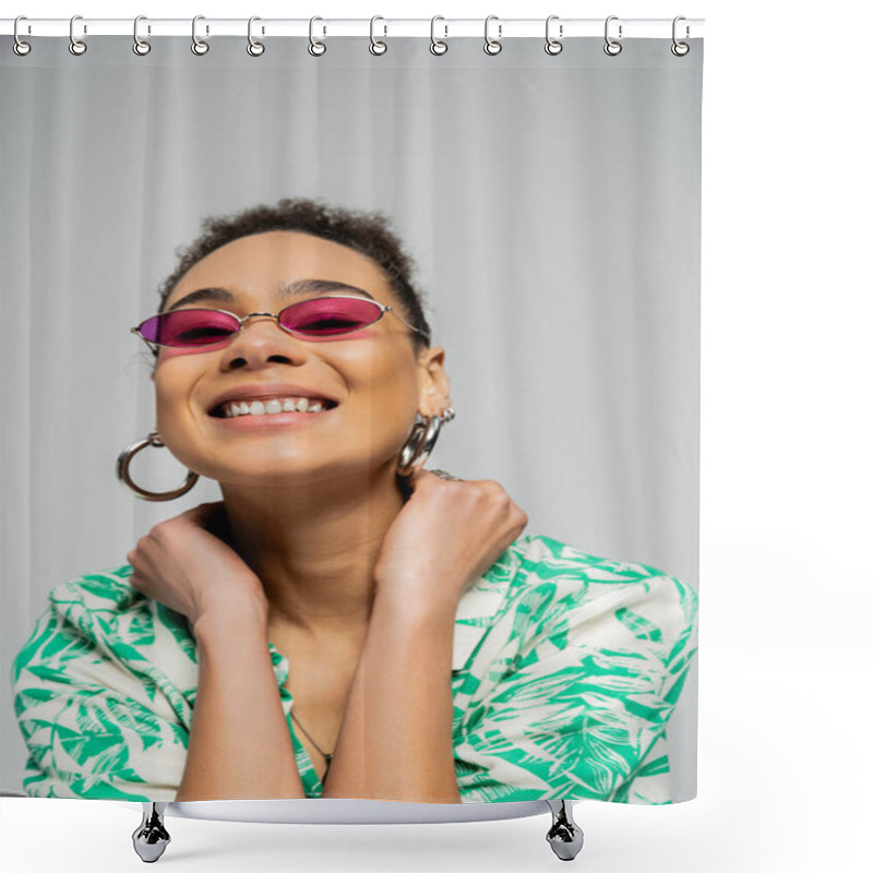 Personality  Cheerful African American Woman In Pink Sunglasses And Stylish Attire Posing On Grey Backdrop Shower Curtains