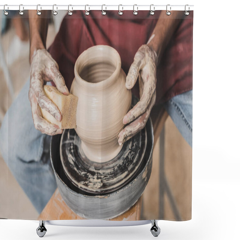 Personality  Partial View Of Young African American Man Holding Sponge And Making Wet Clay Pot On Wheel In Pottery Shower Curtains