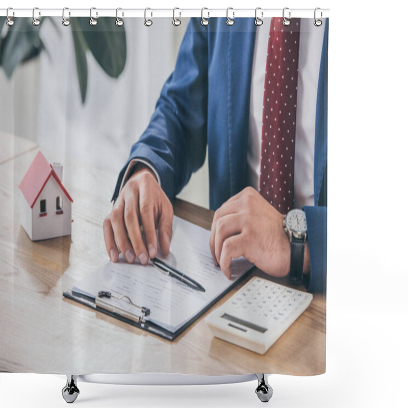 Personality  Partial View Of Businessman At Workplace Near Clipboard, House Model And Calculator  Shower Curtains