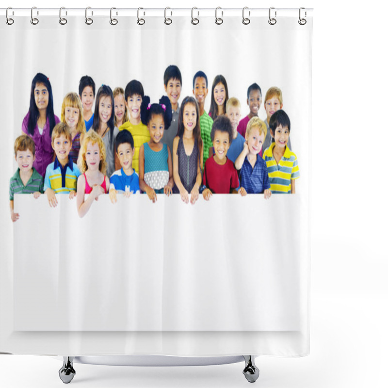 Personality  Group Of Multiethnic Children With Empty Board Shower Curtains