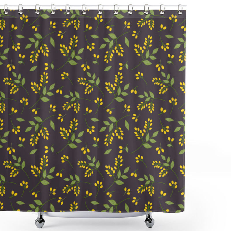 Personality  Seamless Botanical Pattern Yellow Seaberries Green Twigs Leaves Allover Print On Dark Purple Background, Fabric, Tapestry, Wallpaper, Gift Wrap Design Shower Curtains