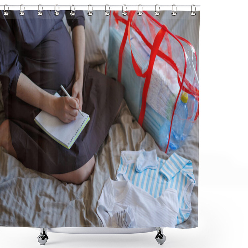 Personality  Close-up Of A Pregnant Woman On The Bed With A Checklist And A Bag For Childbirth, Maternity Fees Shower Curtains