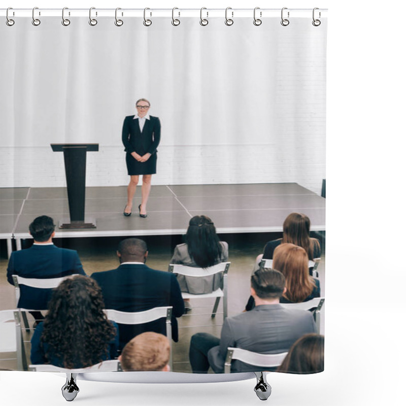 Personality  High Angle View Of Attractive Lecturer Looking At Multiethnic Audience During Seminar In Conference Hall Shower Curtains