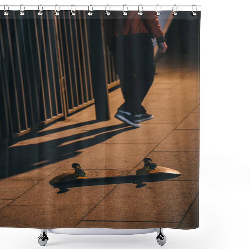 Personality  Cropped Shot Of Man Walking Away From Skateboard Laying On Floor Shower Curtains