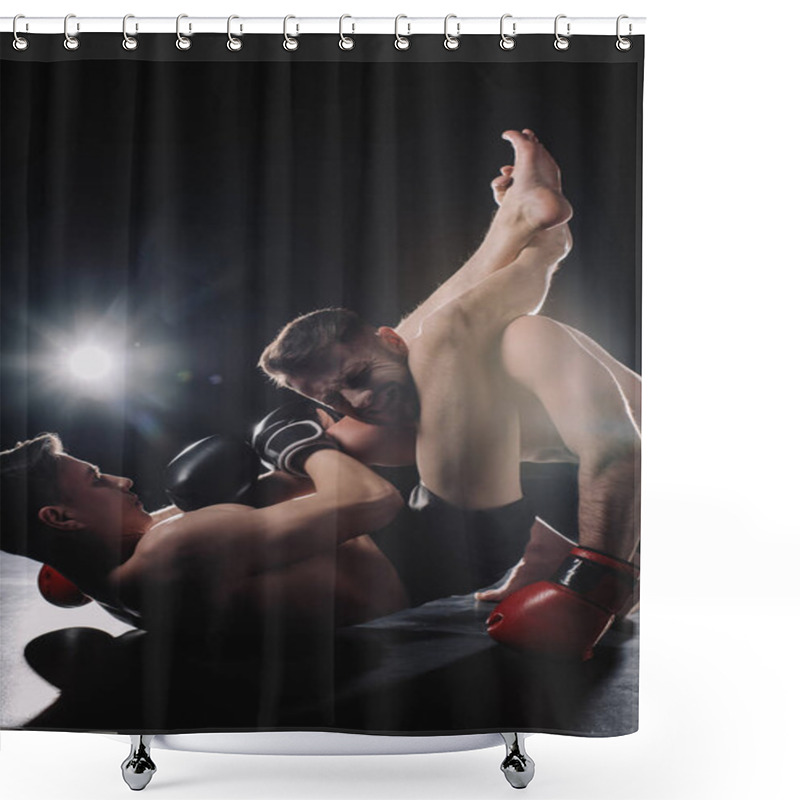 Personality  Strong Shirtless Mma Fighter Doing Painful Joint Lock With Legs To Another Sportsman On Floor Shower Curtains