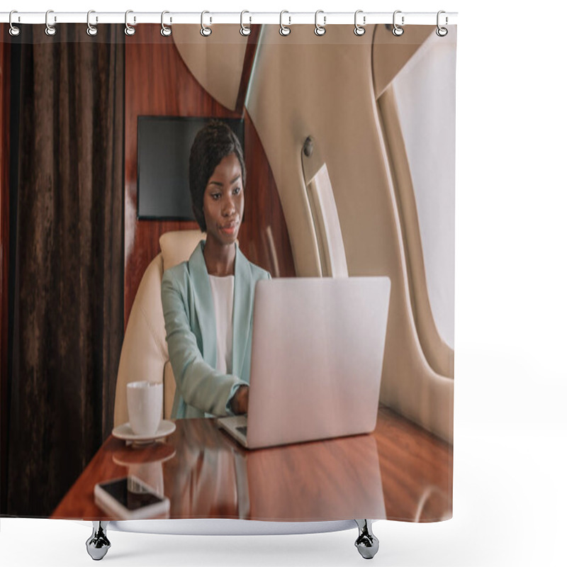 Personality  Young, Serious African American Businesswoman Working On Laptop In Private Jet Shower Curtains