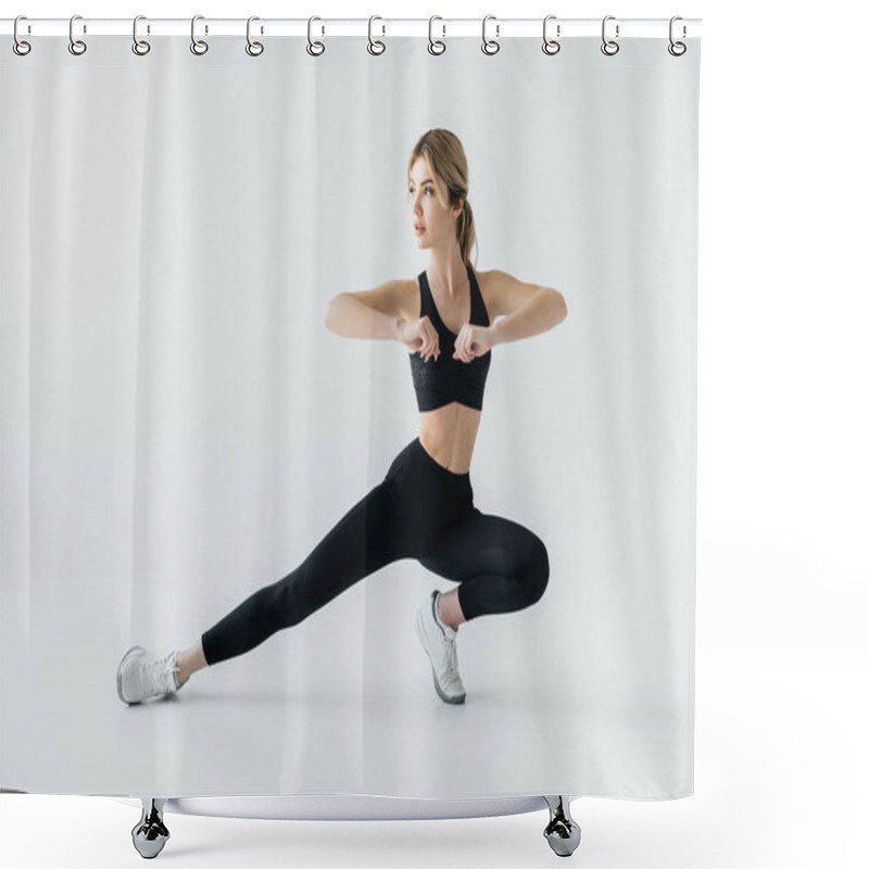 Personality  Young Athletic Sportswoman Exercising Isolated On Grey Shower Curtains