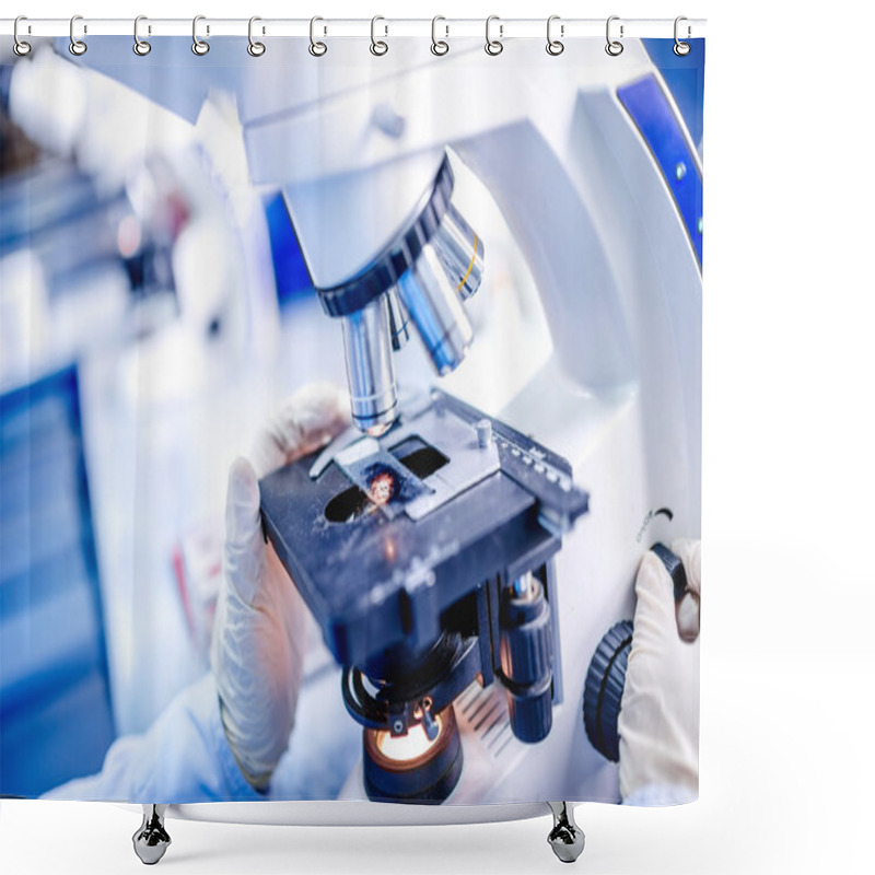 Personality  Details Of Medical Laboratory, Scientist Hands Using Microscope For Chemistry Test Samples Shower Curtains