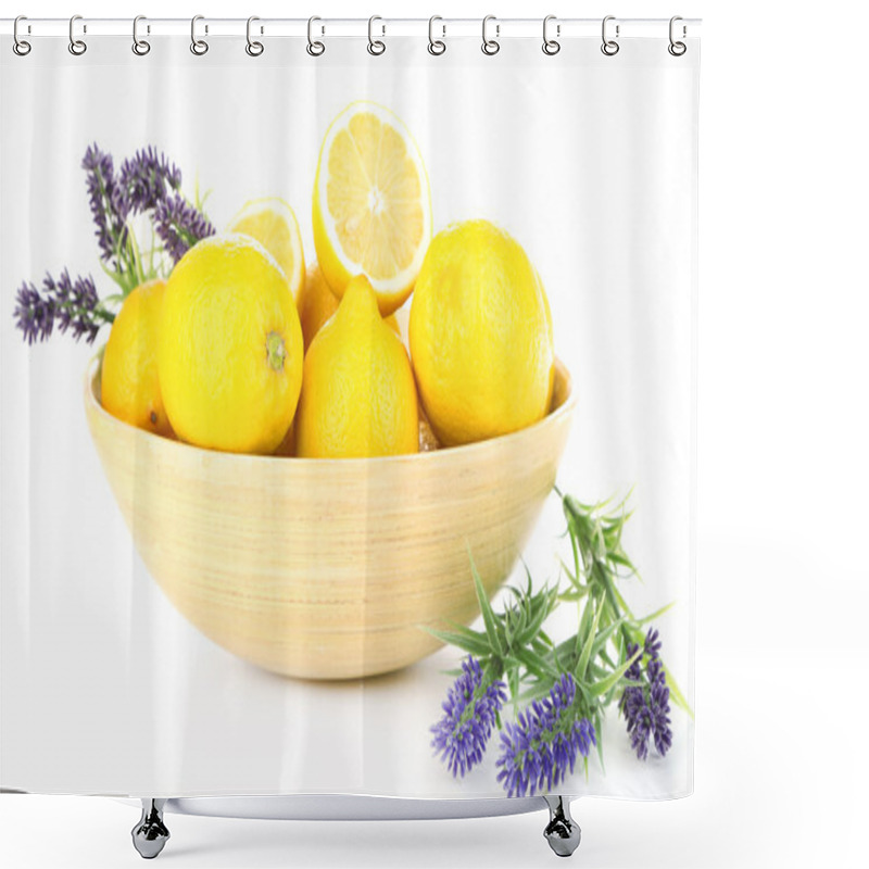 Personality  Still Life With Fresh Lemons And Lavender, Isolated On White Shower Curtains