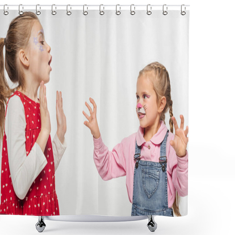 Personality  Cute Kid With Cat Muzzle Painting On Face Frightening Friend Isolated On White Shower Curtains