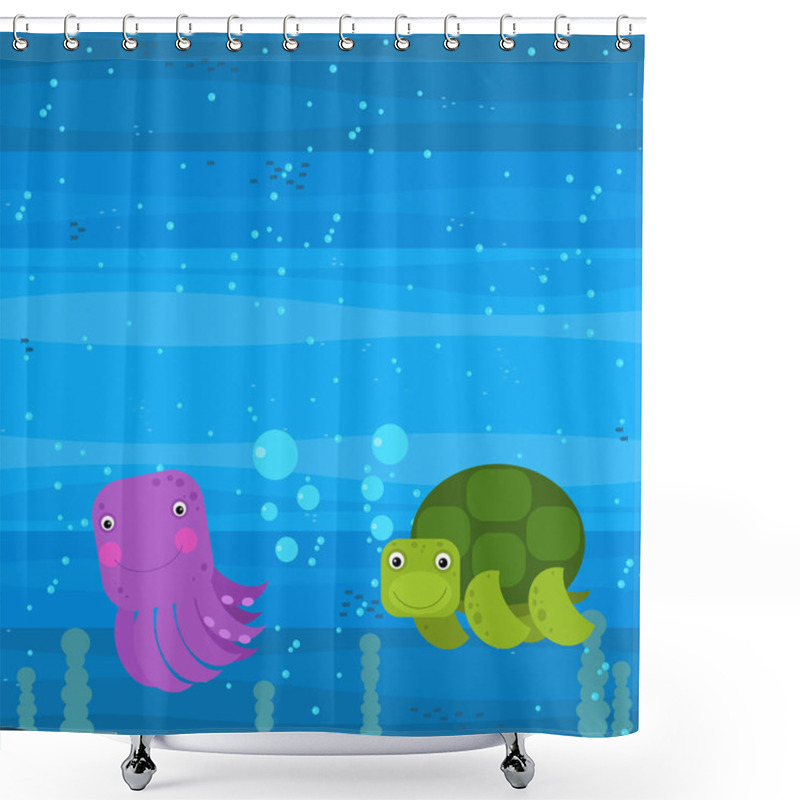 Personality  Happy Cartoon Underwater Scene With Swimming Coral Reef Fishes Illustration For Children Shower Curtains