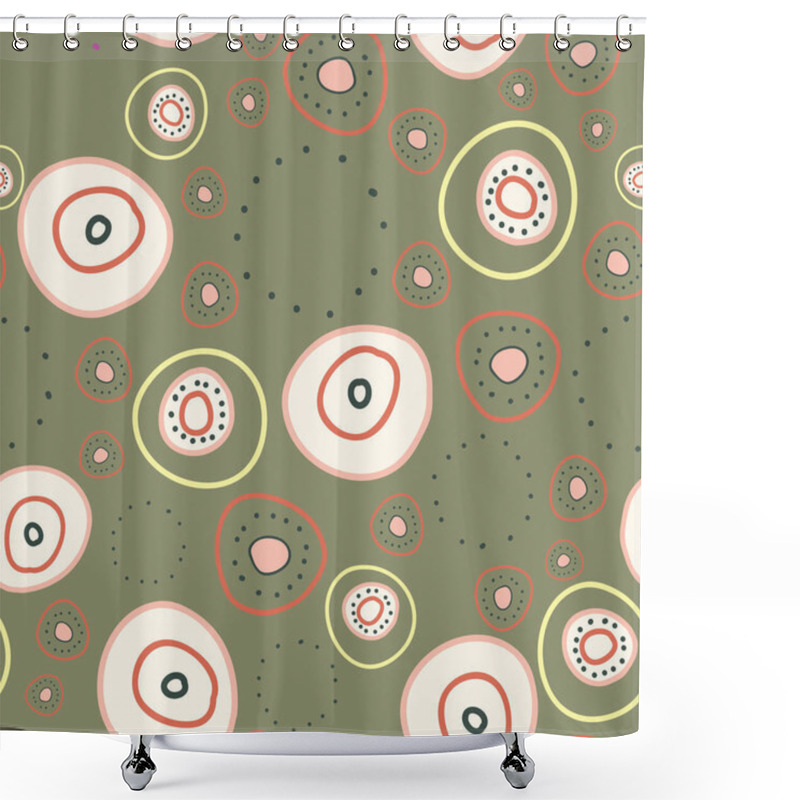 Personality  Roundish Things Circles And Rings On Muted Moss Green Background Seamless Repeat Vector Pattern Shower Curtains