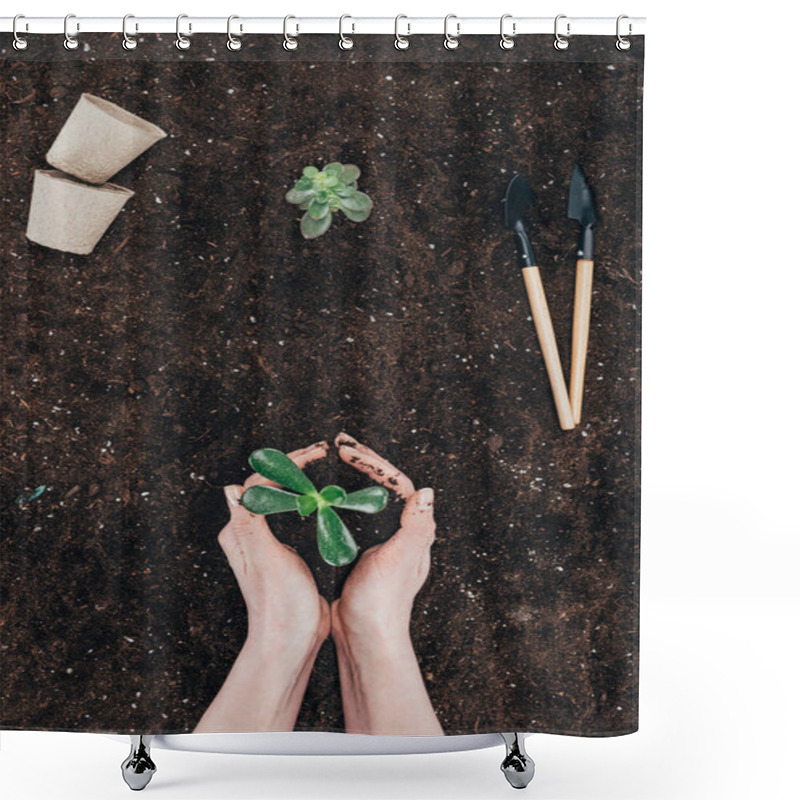 Personality  Cropped Shot Of Person Holding Beautiful Green Plant In Soil  Shower Curtains