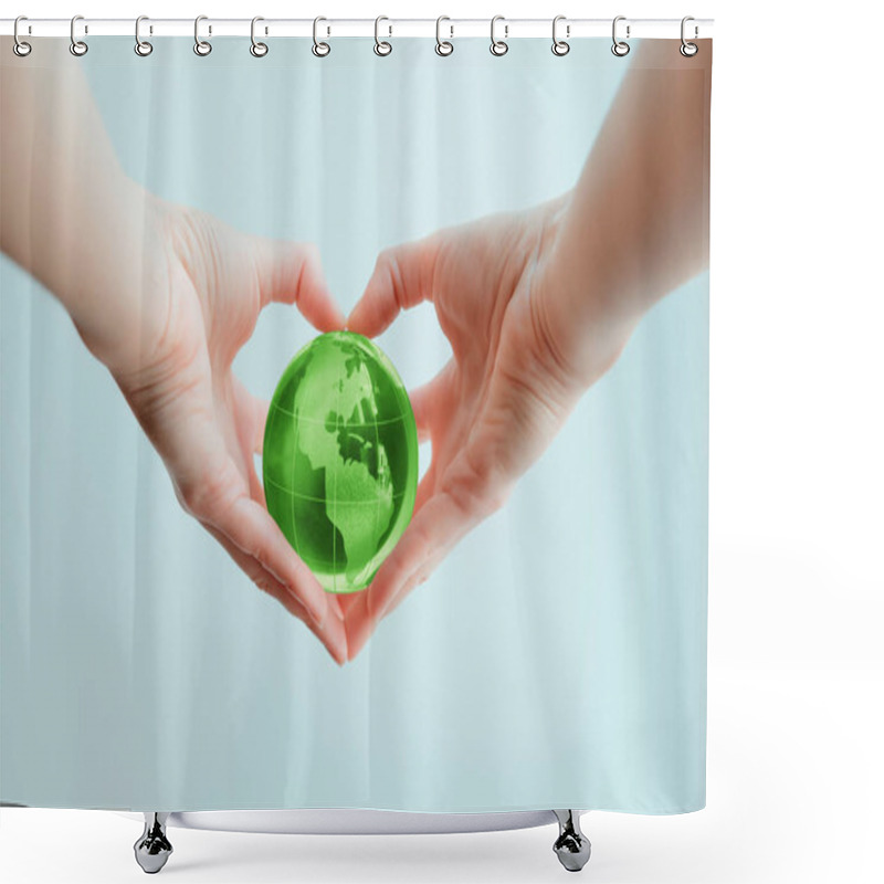 Personality  Hands In Shape Of Heart  Holding Green Glass Globe Of South And  Shower Curtains