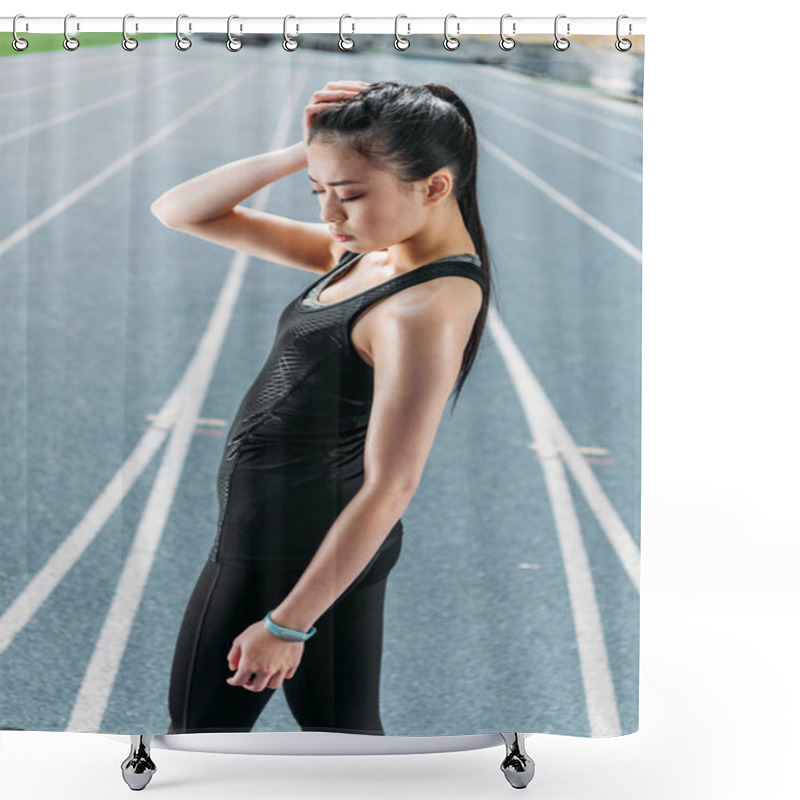 Personality  Sportswoman On Running Tracks  Shower Curtains