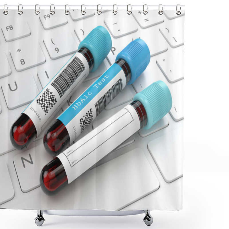 Personality  3d Render Of HbA1c Blood Tubes Lying On Computer Keyboard Shower Curtains