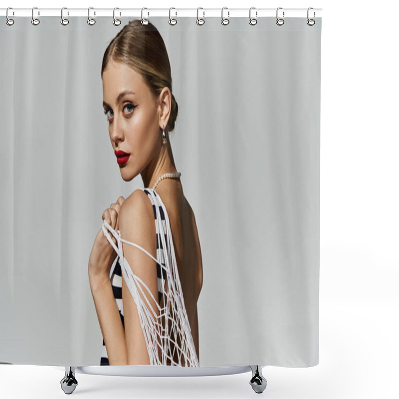 Personality  Stylish Woman With Blonde Hair Holding Net Bag In Fashionable Swimsuit. Shower Curtains