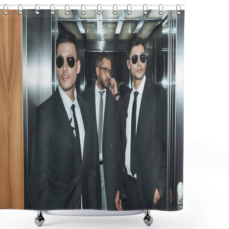 Personality  Bodyguards Reviewing Territory When Businessman Talking By Smartphone In Elevator Shower Curtains