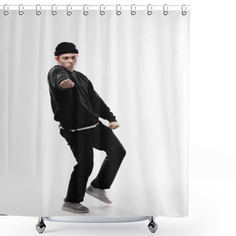 Personality  Young Freestyle Dancer Dressed In Black Jeans, Sweatshirt, Hat And Gray Sneakers Is Dancing In The Studio On The White Background Shower Curtains