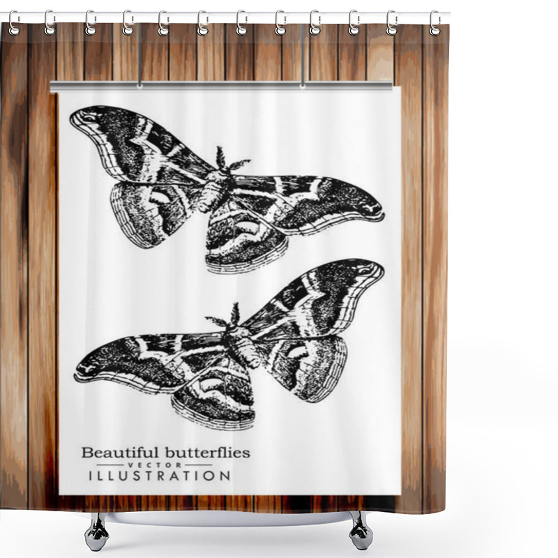 Personality  Poster With Butterflies - Vector Image On Wooden Background Shower Curtains