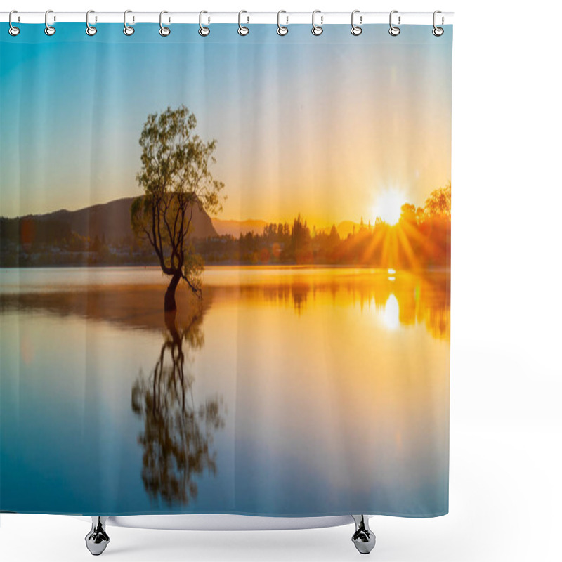 Personality  That Wanaka Tree, Willow Tree Growing In Lake Is Popular Tourist Scene In Long Exposure With Sunset Colors Reflected From Snow Covered Mountains Behind. Shower Curtains