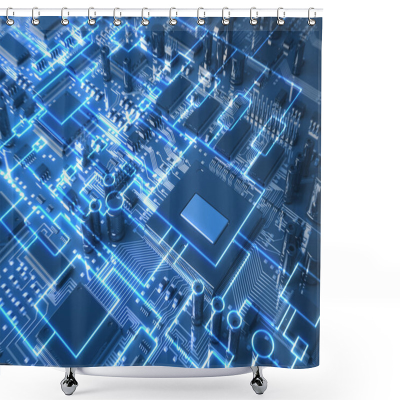 Personality  Fantasy Circuit Board Or Mainboard With Glowing Schemes. Top View. 3d Illustration Shower Curtains