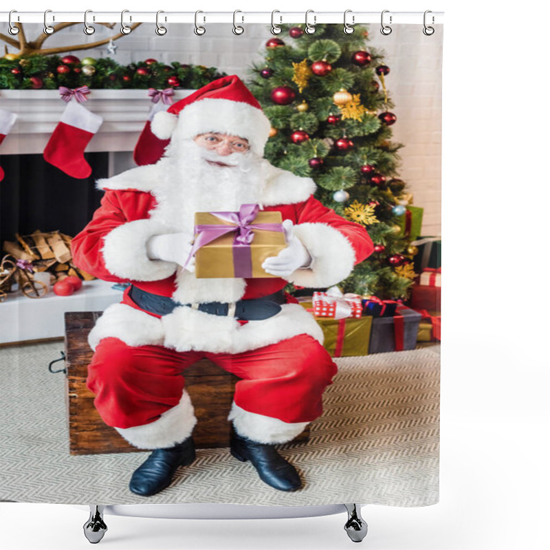 Personality  Happy Santa Claus Holding Christmas Present And Looking At Camera  Shower Curtains