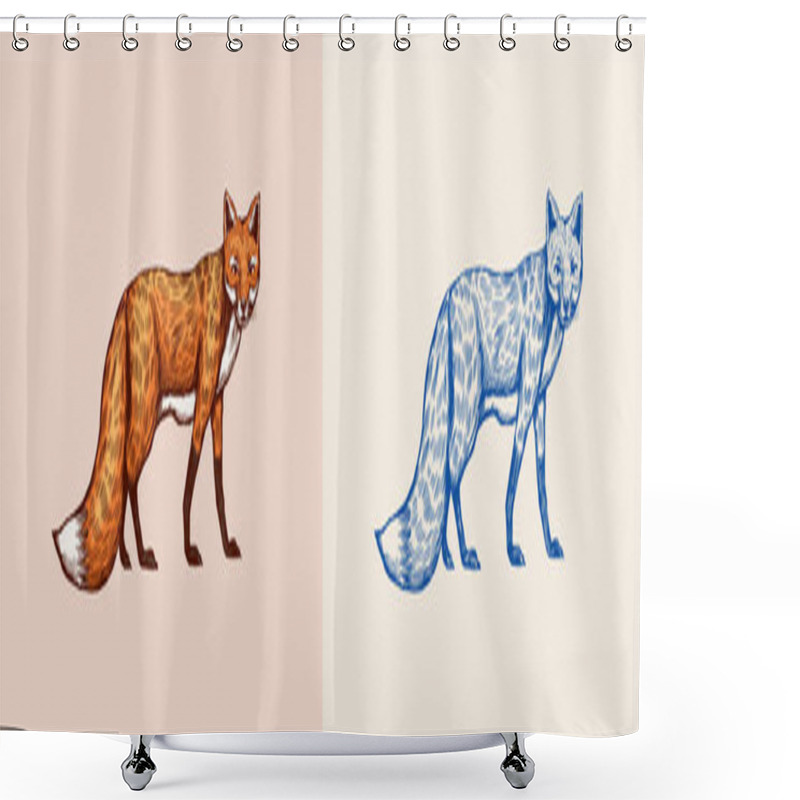 Personality  The Fox Looks Away. Forest Red Animal Or Ginger Beast. Vector Engraved Hand Drawn Vintage Sketch For Label Or Poster. Shower Curtains