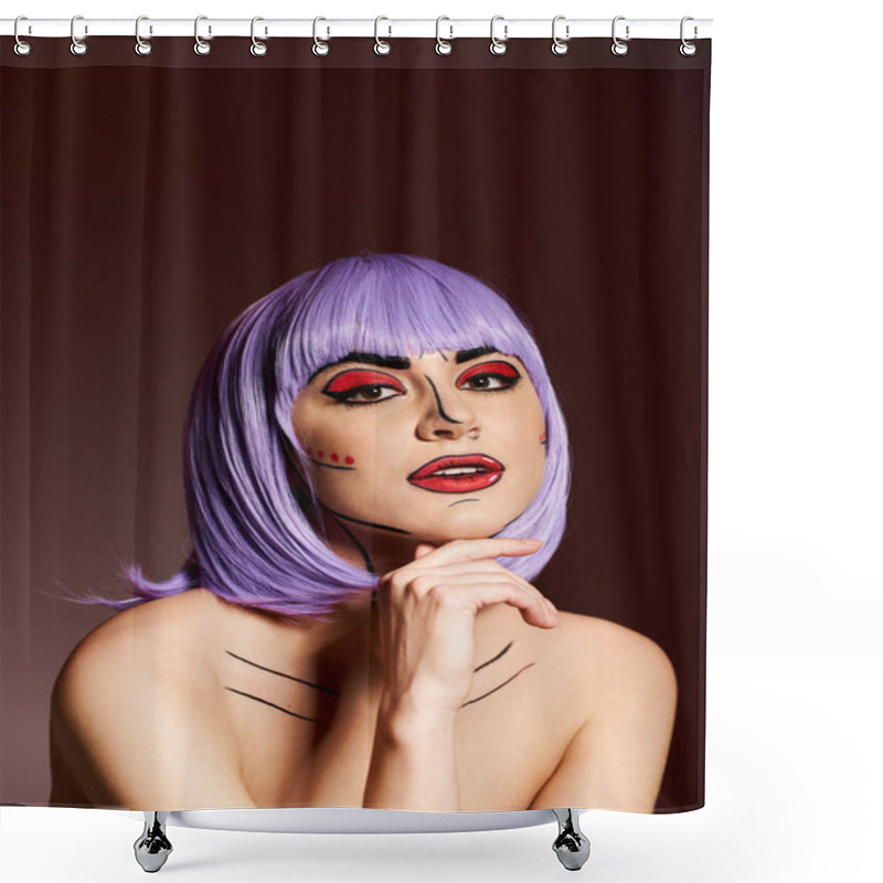 Personality  A Pretty Woman In A Purple Wig And Pop Art Makeup Inspired By Comic Characters, Against A Dark Background. Shower Curtains