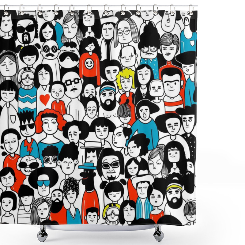 Personality  Hand Drawn Doodle Set Of People Faces.Decorative Diverse Women's Men's Head Seamless  Pattern Background. Shower Curtains