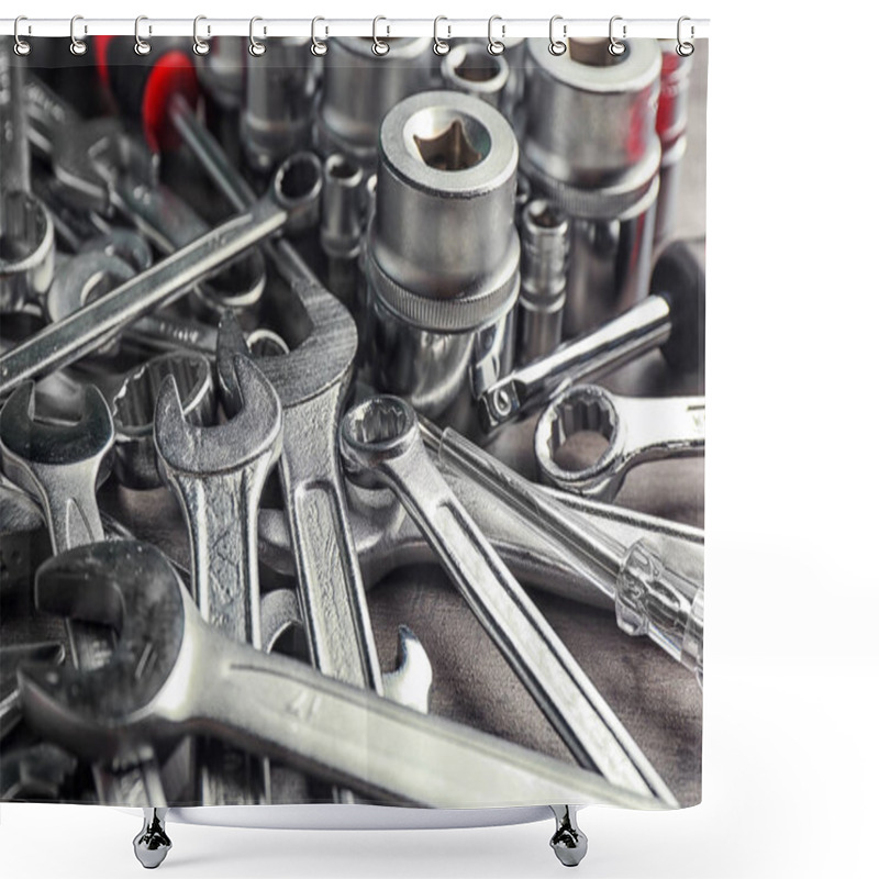 Personality  Setting Of Tools For Car Repair, Closeup Shower Curtains