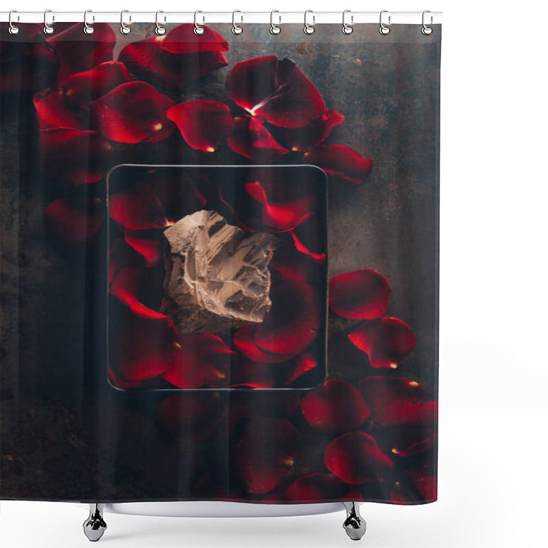 Personality  Top View Of Box With Red Rose Petals And Delicious Piece Of Chocolate Shower Curtains