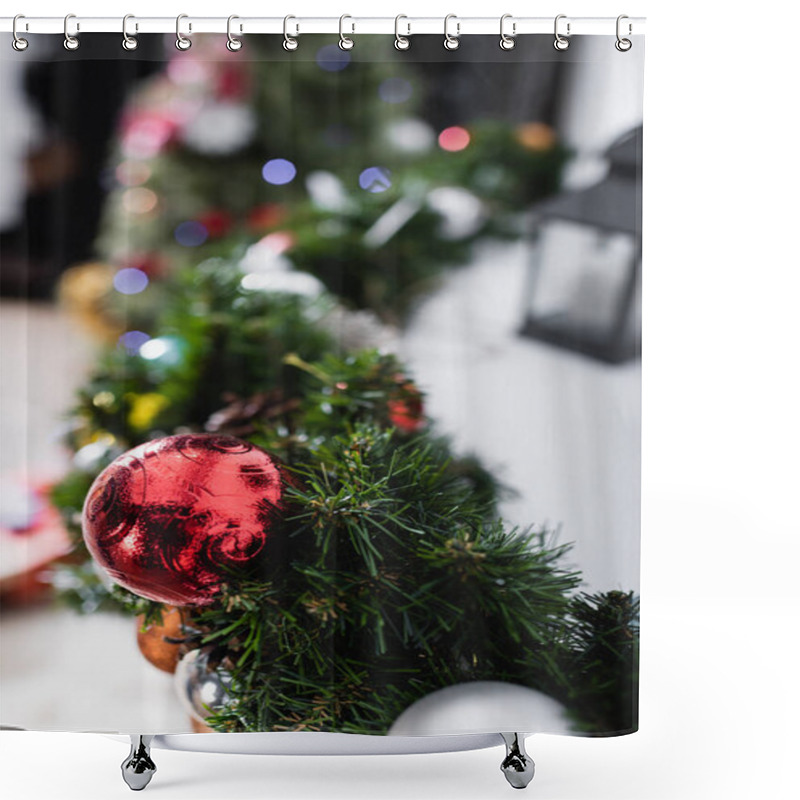 Personality  Selective Focus Of Red Christmas Ball On Pine Branch Shower Curtains