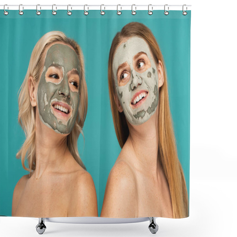 Personality  Cheerful Redhead And Blonde Women With Clay Mask On Faces Posing Isolated On Turquoise Shower Curtains