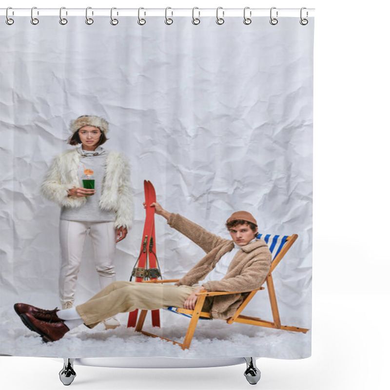 Personality  Stylish Man With Skis Sitting In Deck Chair Near Asian Woman With Hot Cocktail On Snow In Studio Shower Curtains