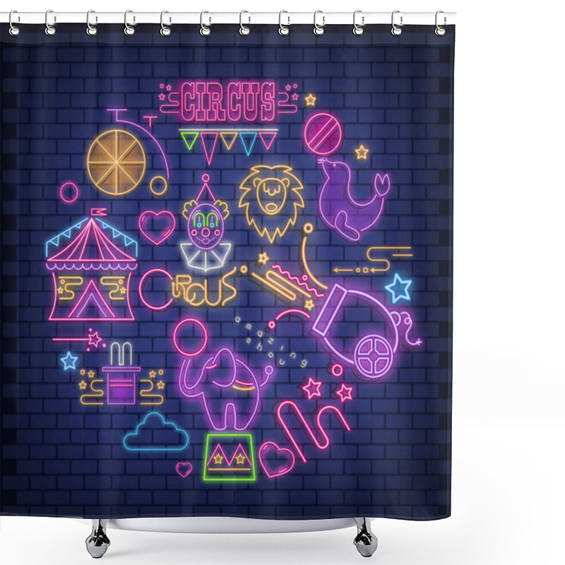 Personality  Circus Neon Glowing Icons Big Set. Amazing Shou Emblems - Fluorescent Ultraviolet Circus Characters And Objects With Shadow. Bright Signboard On Blue Brick Wall. Vector Illustration. Shower Curtains