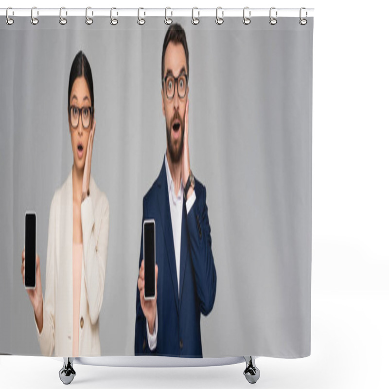 Personality  Shocked Interracial Businesspeople Touching Faces While Showing Smartphones With Blank Screen Isolated On Grey, Horizontal Concept Shower Curtains