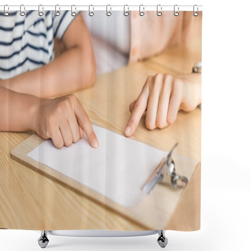 Personality  Woman And Boy Pointing At Blank Paper Shower Curtains