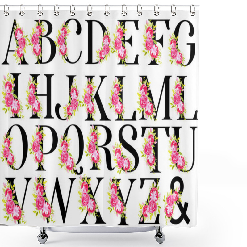 Personality  Floral Alphabet Black Letters Red Pink Flowers For Wedding Invitations, Greeting Cards, Cards Shower Curtains