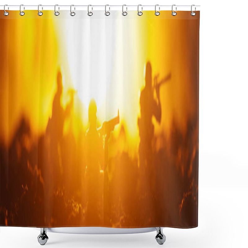 Personality  Battle Scene Of Toy Soldiers With Sun On Orange Background, Panoramic Shot Shower Curtains